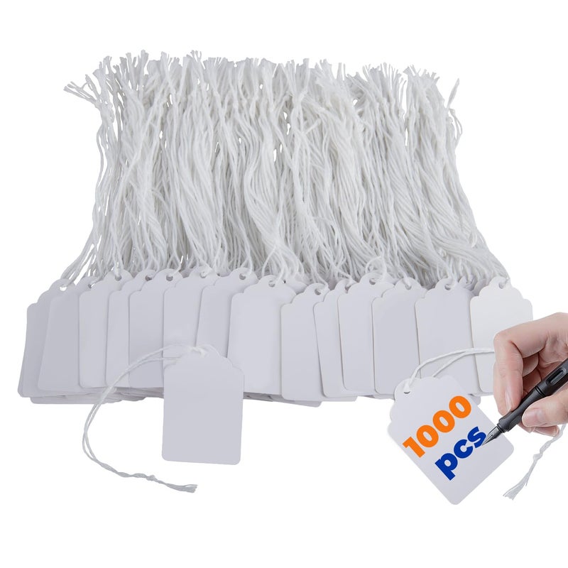 Brothersbox Price Tags with Strings Attached, 1000pcs Marking White Merchandise Hang Tags Labels for Goods Gifts Jewelry Clothing Garage Yard Rummage Sale Supplies 1 3/8" x 2 1/8" - Image 1